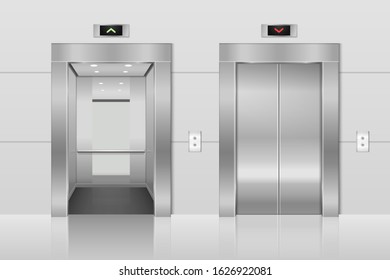 Vector 3d Realistic Blank Empty Opened And Closed Steel, Chrome, Silver Metal Office Building Lift Elevator Doors With Buttons On Gray Wall. Floor Interior Mockup. Business Concept. Front View