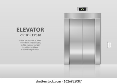 Vector 3d Realistic Blank Empty Closed Steel, Chrome, Silver Metal Office Building Lift Elevator Doors With Buttons On Gray Wall. Floor Interior Mockup. Business Concept. Front View