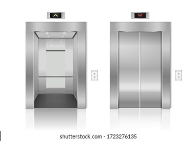 Vector 3d Realistic Blank Empty Opened and Closed Steel, Chrome, Silver Metal Office Building Lift Elevator Doors with Buttons on White Background. Floor interior mockup. Business Concept. Front View