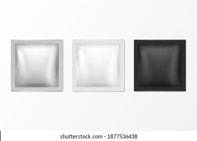 Vector 3d Realistic Blank Foil, White and Black Square Packaging Icon Set. Isolated Closeups for Coffee, Tea, Salt, Sugar, Spices, Wet Wipes Wrapper, Sachet. Design Template of Packing for Mockup. Top View