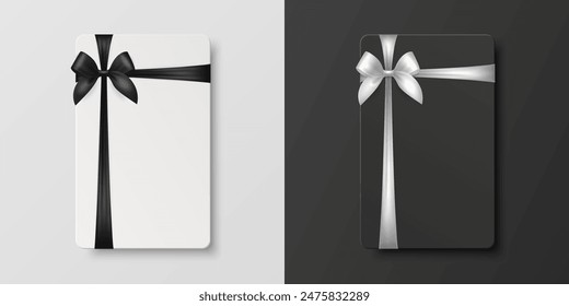 Tarjeta de regalo en blanco realista 3D de Vector y Plantilla de certificado de regalo con cinta blanca y negra de seda y arco de satén. Tarjeta de felicitación o venta, aislada. Cumpleaños, Navidades, Regalos de fiesta, Concepto de invitación