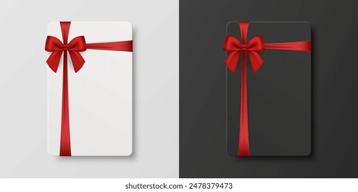 Vector 3D Realistic Blank Gift Card and Gift Certificate Template with Silk Red Ribbon and Satin Bow. Greeting or Sale Card, Isolated. Birthday, Christmas, Party Gifts, Invitation Concept