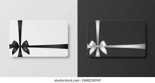 Tarjeta de regalo en blanco realista 3D de Vector y Plantilla de certificado de regalo con cinta blanca y negra de seda y arco de satén. Tarjeta de felicitación o venta, aislada. Cumpleaños, Navidades, Regalos de fiesta, Concepto de invitación
