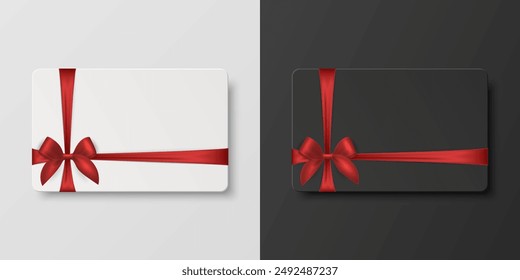 Vector 3D Realistic Blank Gift Card and Gift Certificate Template with Silk Red Ribbon and Satin Bow. Greeting or Sale Card, Isolated. Birthday, Christmas, Party Gifts, Invitation Concept