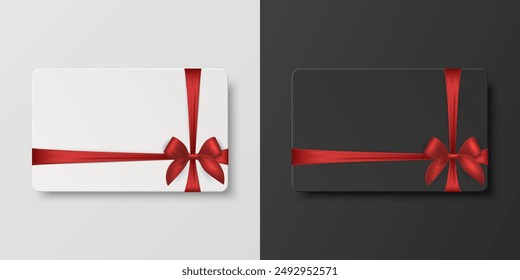 Tarjeta de regalo en blanco realista 3D de Vector y Plantilla de certificado de regalo con cinta roja de seda y arco de satén. Tarjeta de felicitación o venta, aislada. Cumpleaños, Navidades, Regalos de fiesta, Concepto de invitación