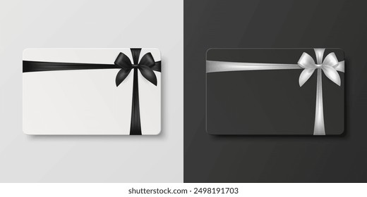 Vector 3D Realistic Blank Gift Card and Gift Certificate Template with Silk White and Black Ribbon and Satin Bow. Greeting or Sale Card, Isolated. Birthday, Christmas, Party Gifts, Invitation Concept