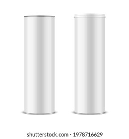 Vector 3d Realistic Blank Glossy White Metal Tin Can, Canned Food, Potato Chips Packaging With Lid Set Isolated On White Background. Big Size. Design Template, Mockup. Front View