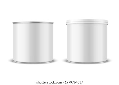 Vector 3d Realistic Blank Glossy White Metal Tin Can, Canned Food, Potato Chips Packaging With Lid Set Isolated On White Background. Small Size. Design Template, Mockup. Front View