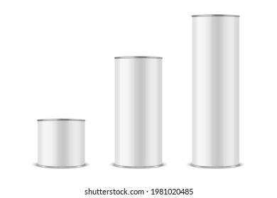 Vector 3d Realistic Blank Glossy White Metal Tin Can, Canned Food, Potato Chips Packaging Set Isolated On White Background. Small, Medium, Big Size. Design Template, Mockup. Front View