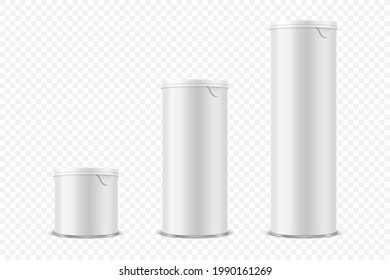 Vector 3d Realistic Blank Glossy White Metal Tin Can, Canned Food, Potato Chips Packaging With Lid Set Isolated On Transparent Background. Small, Medium, Big Size. Design Template, Mockup. Front View