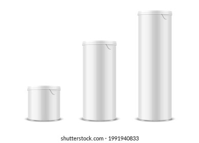 Vector 3d Realista Blank Glossy White Metal Tin Can, Comida En Cubierta, Acondicionamiento De Tejidos De Patata Con Tapa Aislada En Fondo Blanco. Pequeño, Medio, Grande. Plantilla de diseño, Trampa. Vista frontal