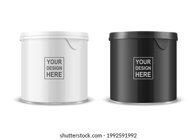 Vector 3d Realistic Blank Glossy White, Black Metal Glossy Tin Can, Canned Food, Potato Chips Packaging With Lid Set Isolated On White Background. Small Size. Design Template, Mockup. Front View