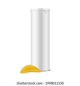 Vector 3d Realistic Blank Glossy White Metal Tin Can, Canned Food, Potato Chips Packaging with Lid, Realistic Textured Chips Isolated On White Background. Design Template, Mockup. Front View