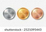 Vector 3d Realistic Blank Golden, Silver and Bronze Award Medal Set, Closeup, Isolated. Design Template for Certificates, Awards. Front View