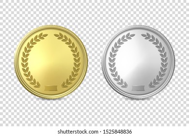 Vector 3d Realistic Blank Golden and Silver Metal Coin or Medal Icon Set Closeup Isolated on Transparent Background. Design Template, Clipart of Gold Money, Currency. Financial Concept. Front View