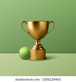 Vector 3d Realista Blank Golden Champion Cup Icono con la bola de tenis de fondo verde. Plantilla de diseño de trofeo de campeonato. Premio al Torneo Deportivo, Copa Ganadora de Oro y concepto de victoria