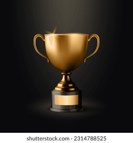 Vector 3d Realistic Blank Golden Champion Cup Icon Closeup on Black Background. Design Template of Championship Trophy. Sport Tournament Award, Gold Winner Cup and Victory Concept