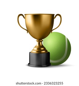 Vector 3d Realistic Blank Golden Champion Cup Icon with Tennis Ball Set Closeup on Green Background. Design Template of Championship Trophy. Sport Tournament Award, Gold Winner Cup and Victory Concept