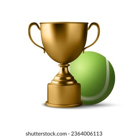 Vector 3d Realistic Blank Golden Champion Cup Symbol mit Tennis Ball, Nahaufnahme auf grünem Hintergrund. Design Vorlage der Meisterschaft Trophäe. Sportturnier-Preis, Gold-Gewinner-Cup und Siegeskonzept