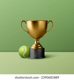 Vector 3d Realista Blank Golden Champion Cup Icono con la bola de tenis de fondo verde. Plantilla de diseño de trofeo de campeonato. Premio al Torneo Deportivo, Copa Ganadora de Oro y concepto de victoria