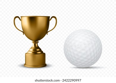 Vector 3d Realistic Blank Golden Champion Cup Symbol mit Golf Ball Set Nahaufnahme isoliert. Design Vorlage der Meisterschaft Trophäe. Sportpreise, Siegesfeiern, Golfmeisterschaftskonzept