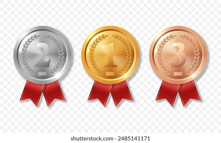 Vector 3d Realistic Blank Golden, Silver and Bronze Award Medal with Red Ribbons Set, Closeup, Isolated. Design Template for Certificates, Awards. Front View