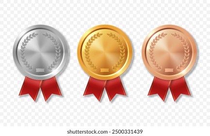 Vector 3d Realistic Blank Golden, Silver and Bronze Award Medal with Red Ribbons Set, Closeup, Isolated. Design Template for Certificates, Awards. Front View