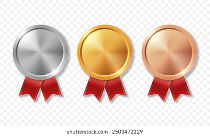 Vector 3d Realistic Blank Golden, Silver and Bronze Award Medal with Red Ribbons Set, Closeup, Isolated. Design Template for Certificates, Awards. Front View