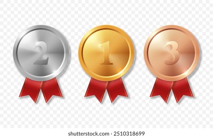 Vector 3d Realistic Blank Golden, Silver and Bronze Award Medal with Red Ribbons Set, Closeup, Isolated. Design Template for Certificates, Awards. Front View