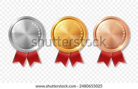 Vector 3d Realistic Blank Golden, Silver and Bronze Award Medal with Red Ribbons Set, Closeup, Isolated. Design Template for Certificates, Awards. Front View