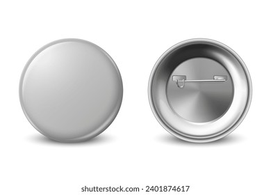 Vector 3d Realistic Blank Gray Round Button Badge Set Closeup Isolated on a White Background. Button Badge, Plastic or Metal ID Badge Design Template, Mockup. Front View