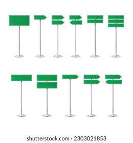 Vector 3d Realista Blank Green Road Advirtiendo Direction Sign Set de Icono Cerrado Aislado. Colección de señales vacías, plantilla de tráfico de advertencia en blanco peligroso. Vista frontal