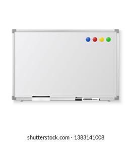 Vector 3d Realistic Blank Magnetic Whiteboard with Marker, Round Magnets and Board Sponge Closeup Isolated on White Background. Design Template for Mockup, Presentations, Training. Education Concept