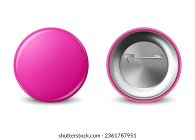 Vector 3d Realistic Blank Pink Round Button Badge Set Closeup Isolated on a White Background. Button Badge, Plastic or Metal ID Badge Design Template, Mockup. Front View