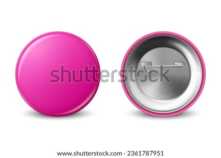 Vector 3d Realistic Blank Pink Round Button Badge Set Closeup Isolated on a White Background. Button Badge, Plastic or Metal ID Badge Design Template, Mockup. Front View