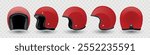 Vector 3d Realistic Blank Red Glossy Classic Vintage Open-Face Motorbike Helmet Design Template for Mockup. Front, Side and Back View. Motorcycle Helmet Icon, Closeup, Isolated