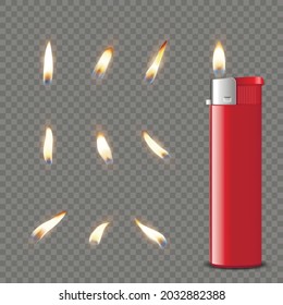 Vector 3d Realistic Blank Red Gasoline Lighter and Burning Flame Icon Set Closeup Isolated. Fire from a Lighter. Design Template of Lighter Flame. Front View