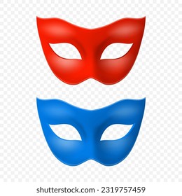 Vector 3d Realistic Blank Red and Blue Carnival Vintage Mask Icon Set Closeup Isolated. Hero Mask for Carnival, Party, Masquerade Glasses. Design Template for Carnival, Party Ball Concept. Front View