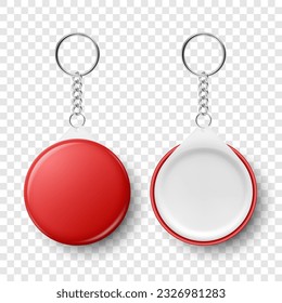 Vector 3d Realistic Blank Red Round Keychain with Ring and Chain for Key Isolatede. Button Badge with Ring. Plastic, Metal ID Badge with Chains Key Holder, Design Template, Mockup