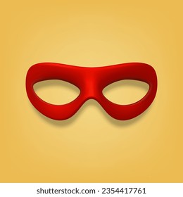 Vector 3d Máscara de Ojo de Héroe Rojo en blanco realista sobre el cierre de fondo amarillo. Máscara de Héroe del Carnaval, Fiesta, Gafas de Mascarada. Plantilla de diseño para Carnaval, concepto de bolas de partido. Vista frontal