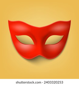 Vector 3d Realistic Blank Red Hero Carnival Eye Mask on Yellow Background Closeup. Hero Mask for Carnival, Party, Masquerade Glasses. Design Template for Carnival, Party Ball Concept. Front View