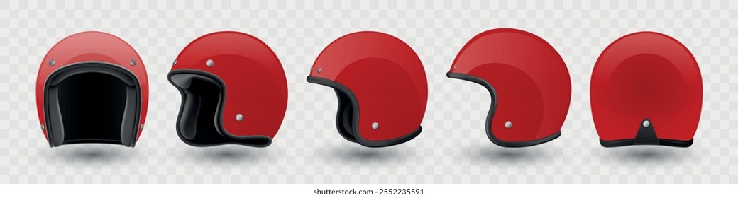 Vector 3d Realistic Blank Red Glossy Classic Vintage Open-Face Motorbike Helmet Design Template for Mockup. Front, Side and Back View. Motorcycle Helmet Icon, Closeup, Isolated