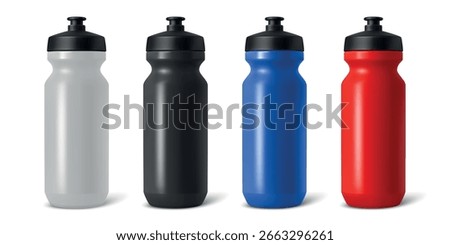 Vector 3d Realistic Blank Sport Water Bottle Set. Plastic Cycling Bottle, Gym, Fitness Bottle for Sports, Outdoor, Travel, Training, Exercise, Workout. Sport Bottle Isolated