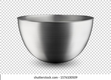 Vector 3d Realistic Blank Steel, Chrome, Silver Metal Hemisphere Circle Bowl Icon Closeup Isolated on Transparent Background. Utensils for Kitchens. Design Template, Health Food and Drink Concept