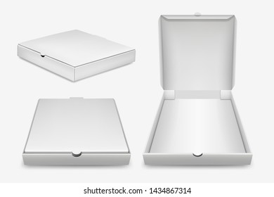 Vector 3d Realistic Blank White Closed and Opened Pizza Box Template Set Closeup Isolated on White Background. Mockup for Logo, Corporate Design. Top, Front and Side View