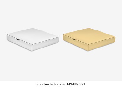 Vector 3d Realistic Blank White and Brown Pizza Box Template Set Closeup Isolated on White Background. Mockup for Logo, Corporate Design. Top or Side View
