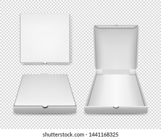 Vector 3d Realistic Blank White Closed and Opened Pizza Box Template Set Closeup Isolated on Transparent Background. Mockup for Logo, Corporate Design. Top, Front View