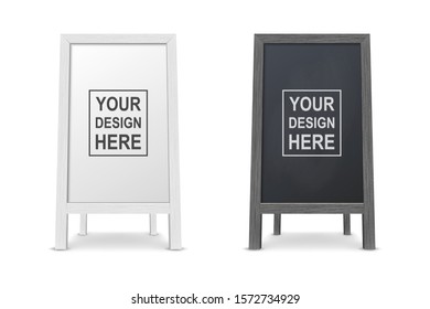 Vector 3d Realistic Blank White and Black Wooden Board for Restaurant Menu Icon Set Closeup Isolated. Advertising Street Sandwich Stand, Sidewalk Sign. Chalkboard for Cafe, Design Template, Mockup svg
