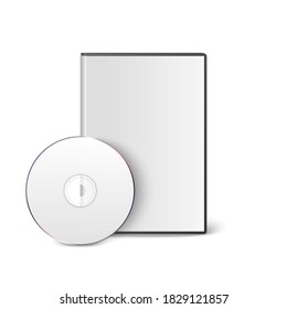 Vector 3d Realistic Blank White CD, DVD with Cover Case Box Set Closeup Isolated on White Background. Design Template. CD Packaging Copy Space. Front View