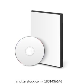 Vector 3d Realistic Blank White CD, DVD with Cover Case Box Set Closeup Isolated on White Background. Design Template. CD Packaging Copy Space. Front View